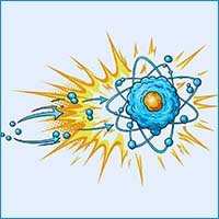 Comic style image atom gianing electrons.
